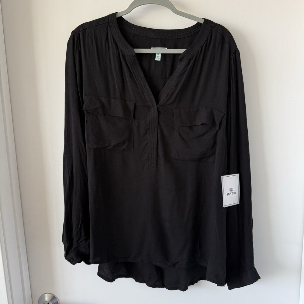 NWT‎ Susina V-Neck Utility Blouse black 100% Rayon